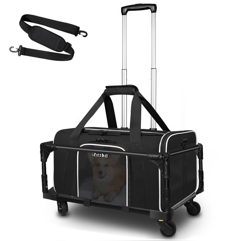 Petskd Rolling Pet Carrier 18x11x11 Airline‎ Approved Small Dog Cat Travel Black
